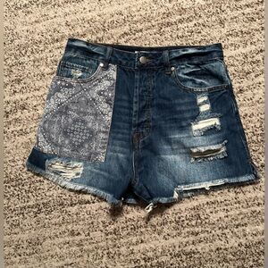 NWT/ EASEL Denim Patchwork Distressed Shorts
Size S
